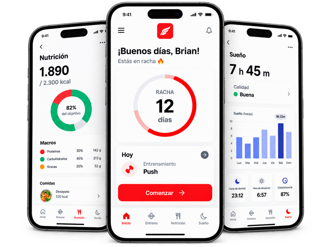 Vistas de la app de nutrición, inicio y sueño